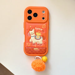 Orange-based 3D Apple phone case with gold ingot and pony design