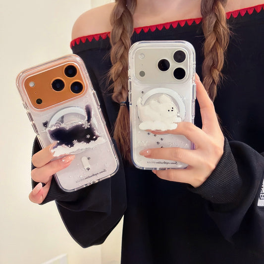 Winter Snowflake Black Cat and White Dog Magnetic Round Phone Case