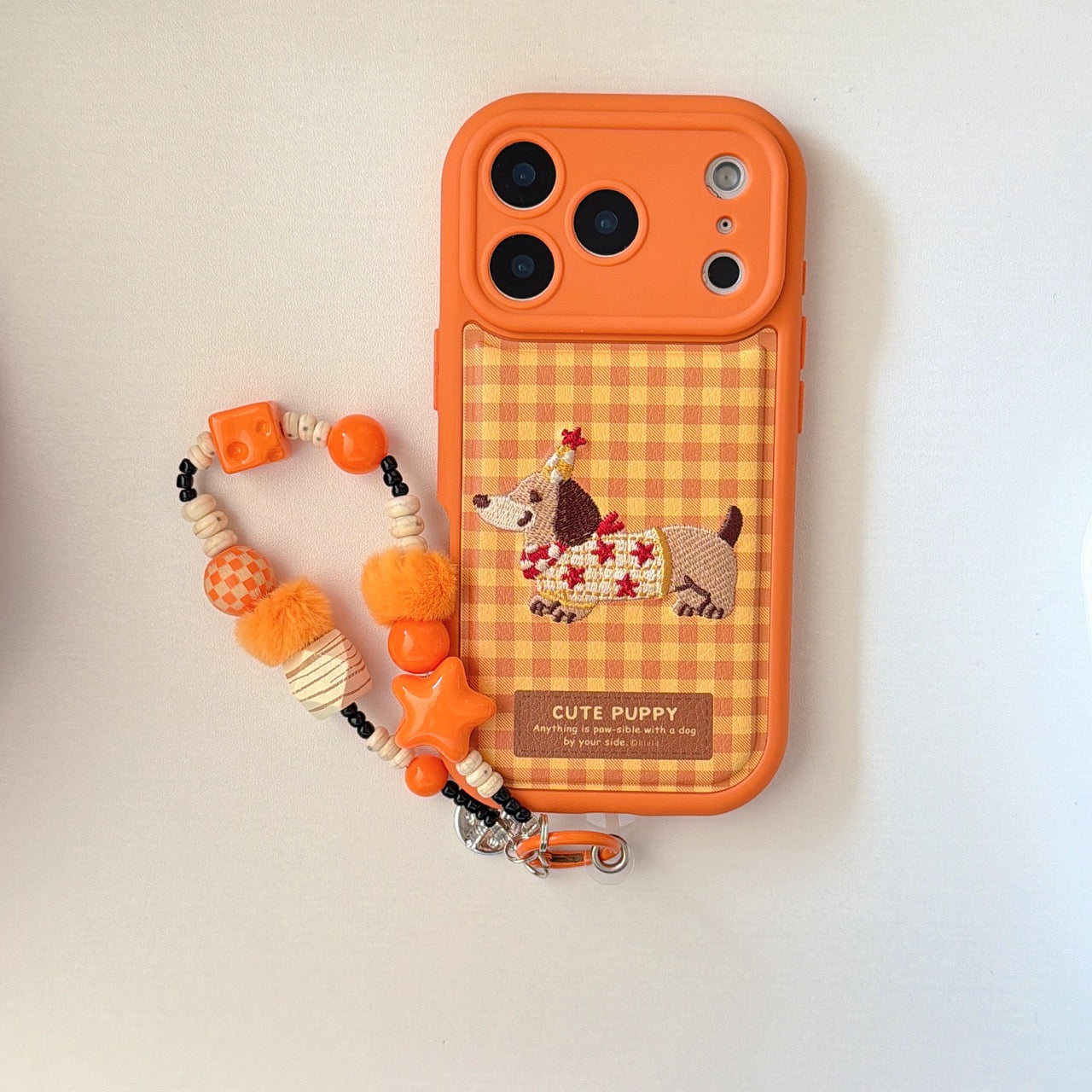 Plaid star hat dachshund embroidered 3D phone case