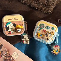 [Wave-shaped AirPods Earphone Cover] Translucent White 3D Biscuit Bag Dog + Brown Pizza Dog Hanging Ring