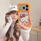 Load image into Gallery viewer, Orange-bordered Kitty hugging a bear rounded phone case