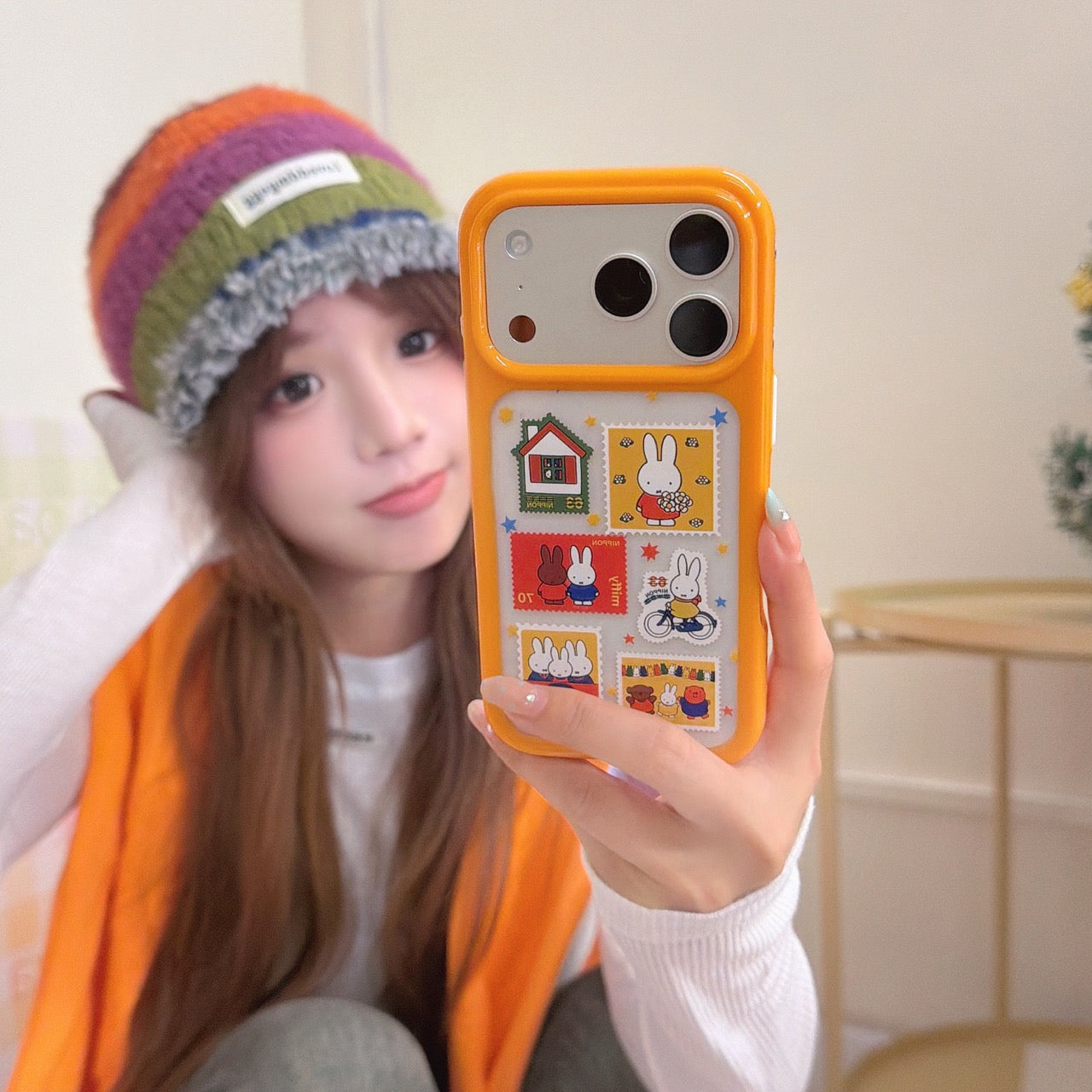 Orange-edged retro stamp Miffy round-edged phone case