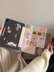 Hands separating the magnetic detachable clear back cover from the kawaii teddy bear patchwork smart folio flap.