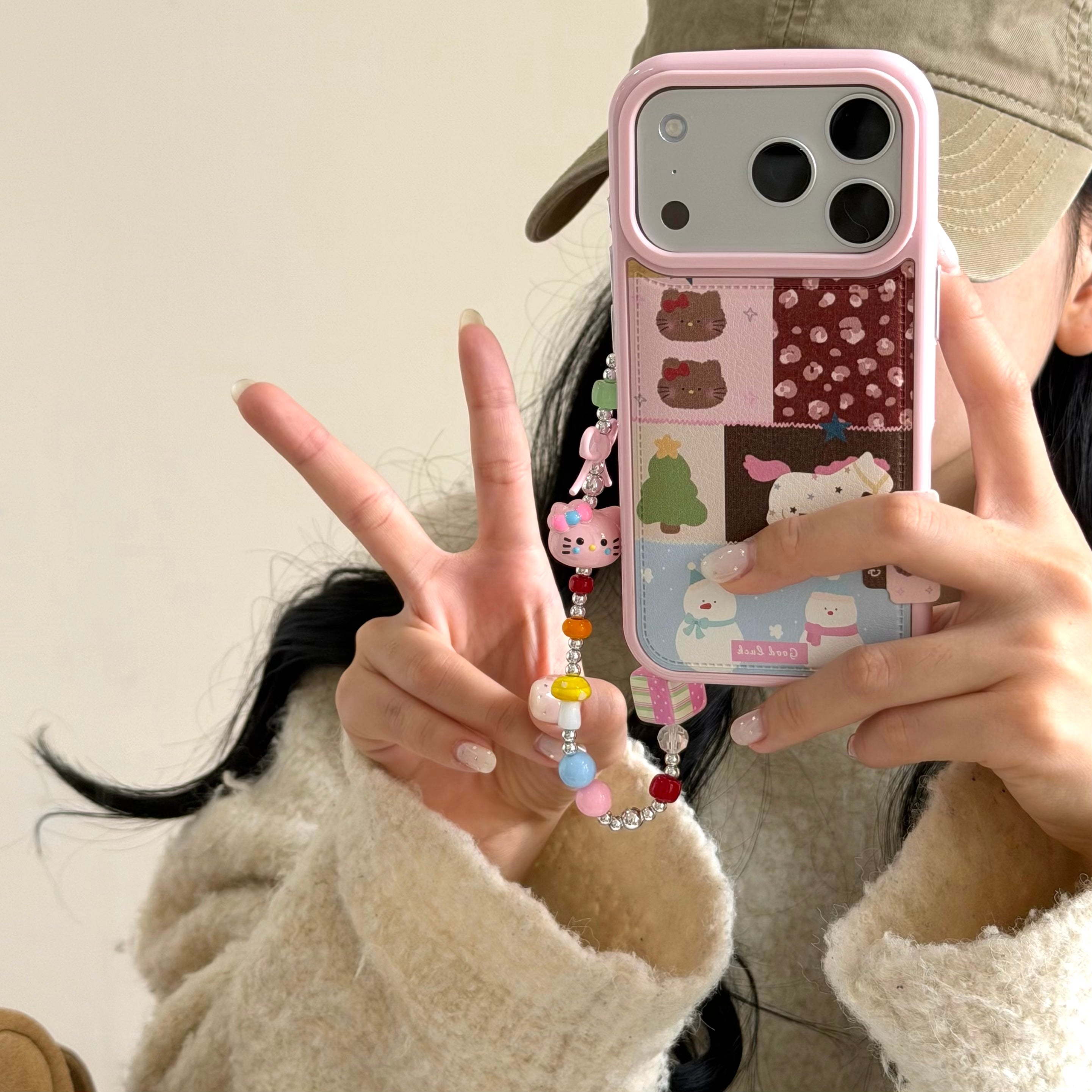 Pink patchwork Kitty and Pony phone case with chain