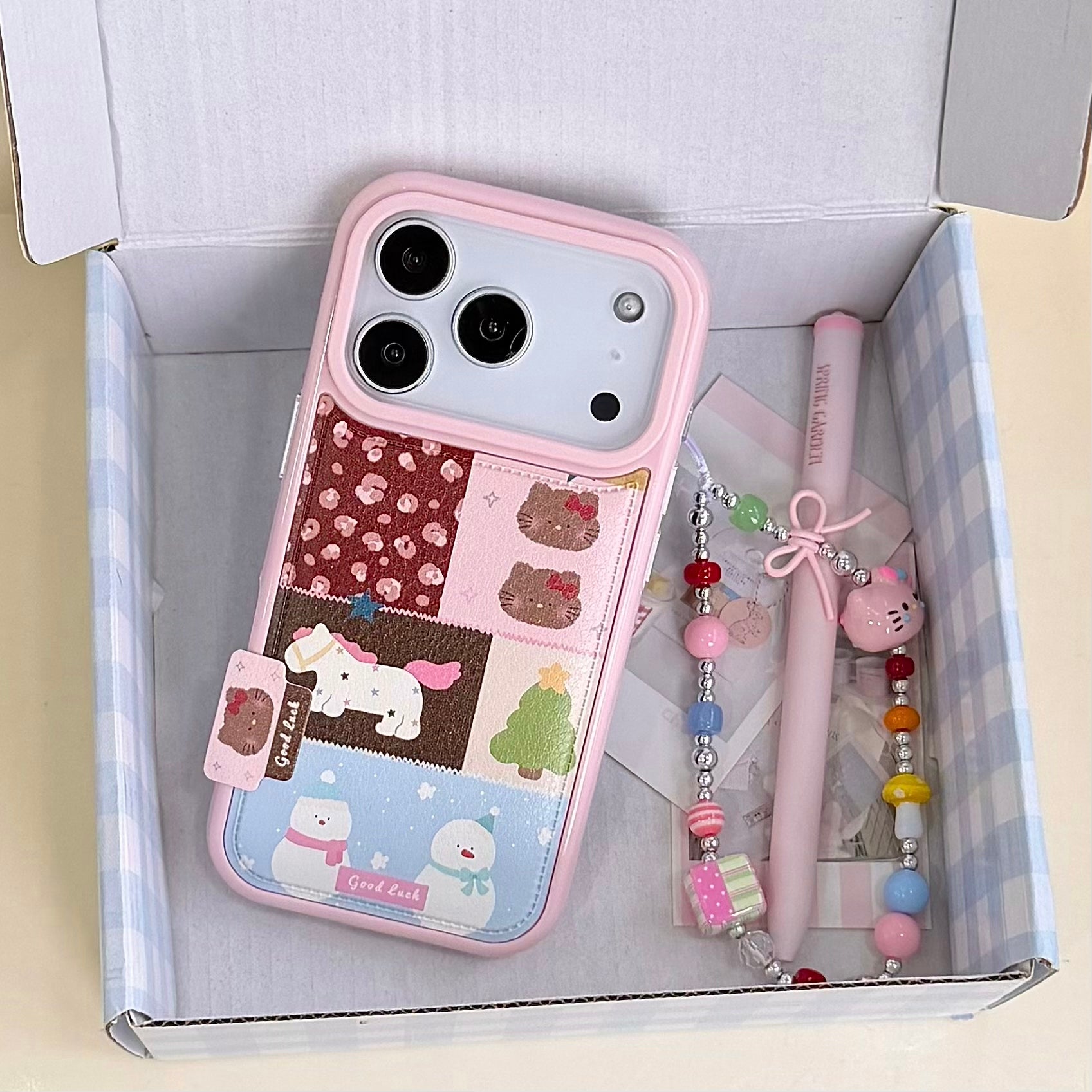 Pink patchwork Kitty and Pony phone case with chain