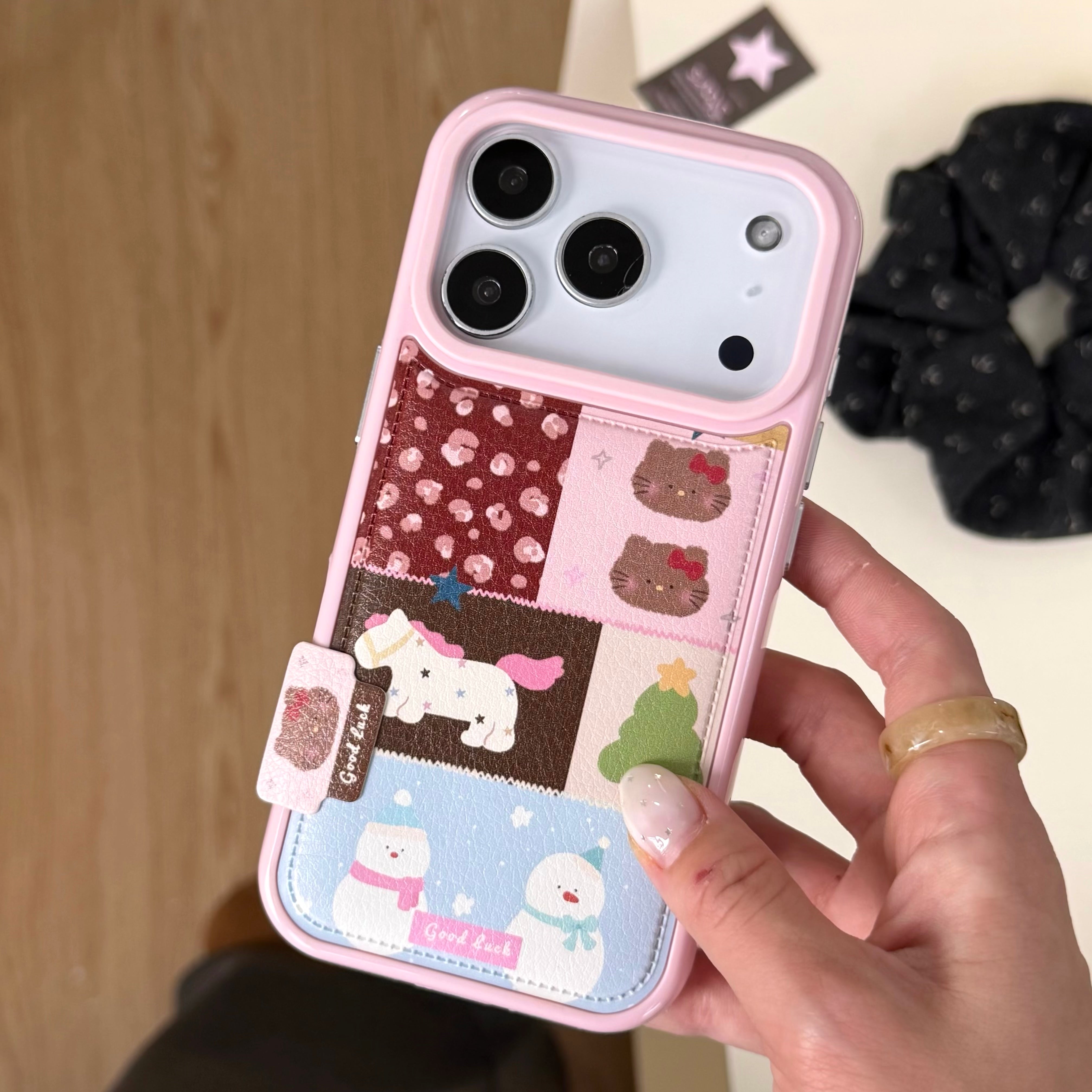 Pink patchwork Kitty and Pony phone case with chain