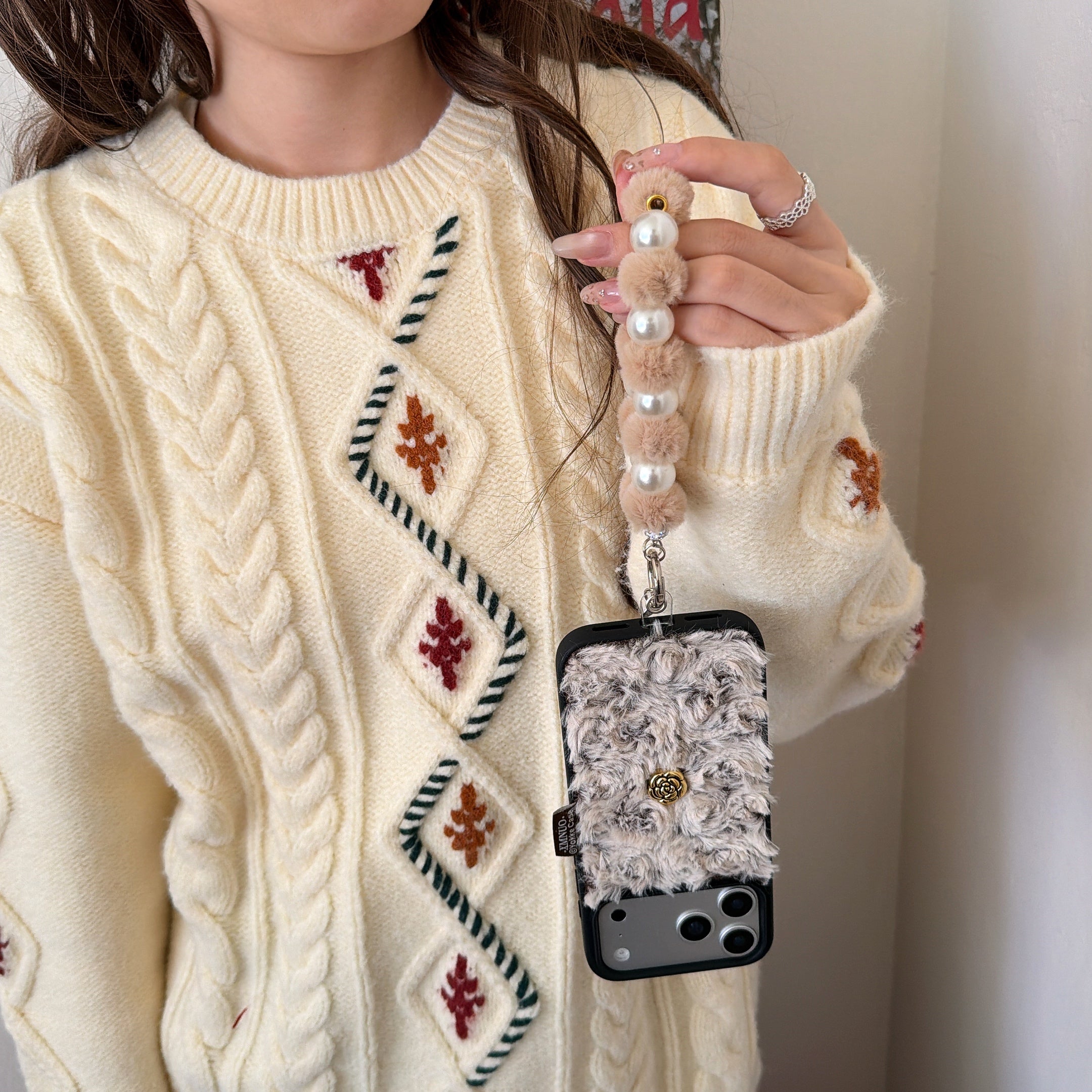 Black Trim Fuzzy 3D Camellia Phone Case for iPhone 13-17 Pro Max