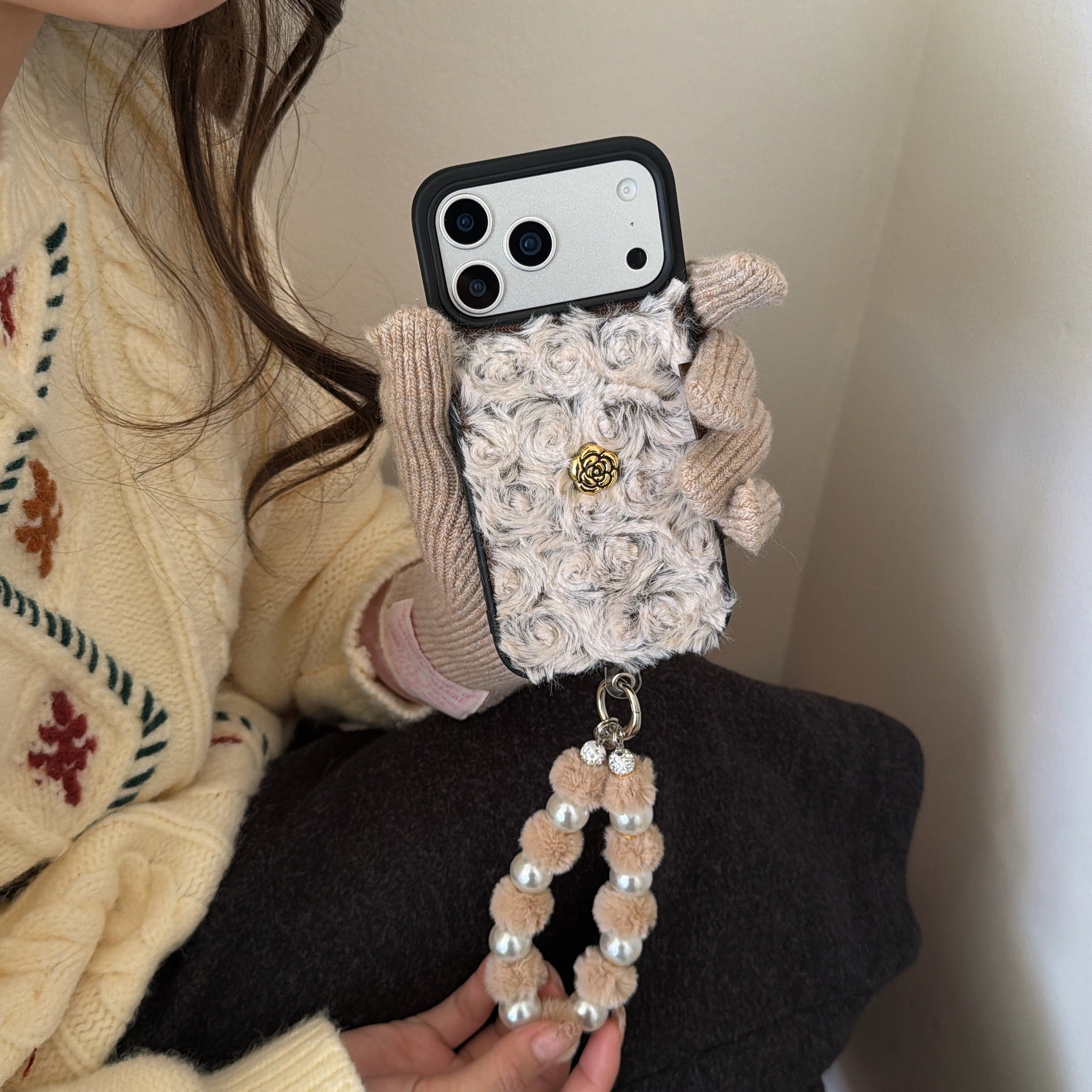 Black Trim Fuzzy 3D Camellia Phone Case for iPhone 13-17 Pro Max