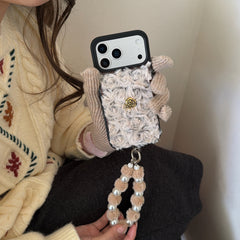 Black Trim Fuzzy 3D Camellia Phone Case for iPhone 13-17 Pro Max