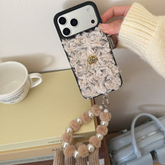 Black Trim Fuzzy 3D Camellia Phone Case for iPhone 13-17 Pro Max