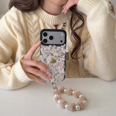 Black Trim Fuzzy 3D Camellia Phone Case for iPhone 13-17 Pro Max