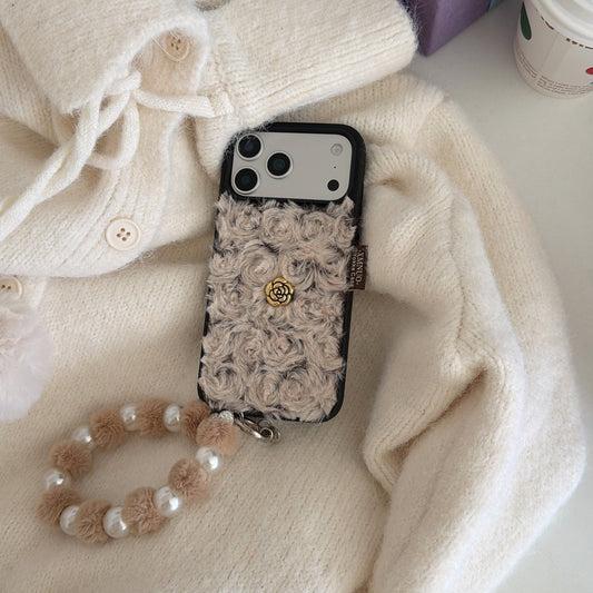 Black Trim Fuzzy 3D Camellia Phone Case for iPhone 13-17 Pro Max