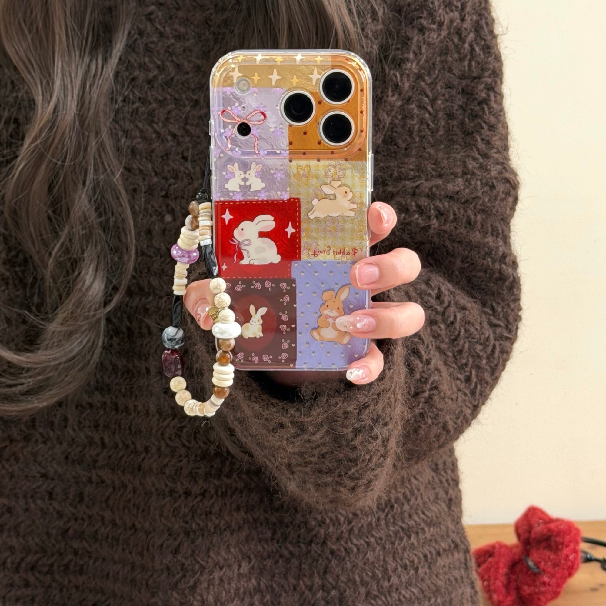 Aesthetic Red-Purple Floral Bunny Case: 360° Protective Series with Charm Wristlet Chain for iPhone 13-17 Series | Vibrant Patchwork Design