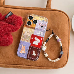 Aesthetic Red-Purple Floral Bunny Case: 360° Protective Series with Charm Wristlet Chain for iPhone 13-17 Series | Vibrant Patchwork Design