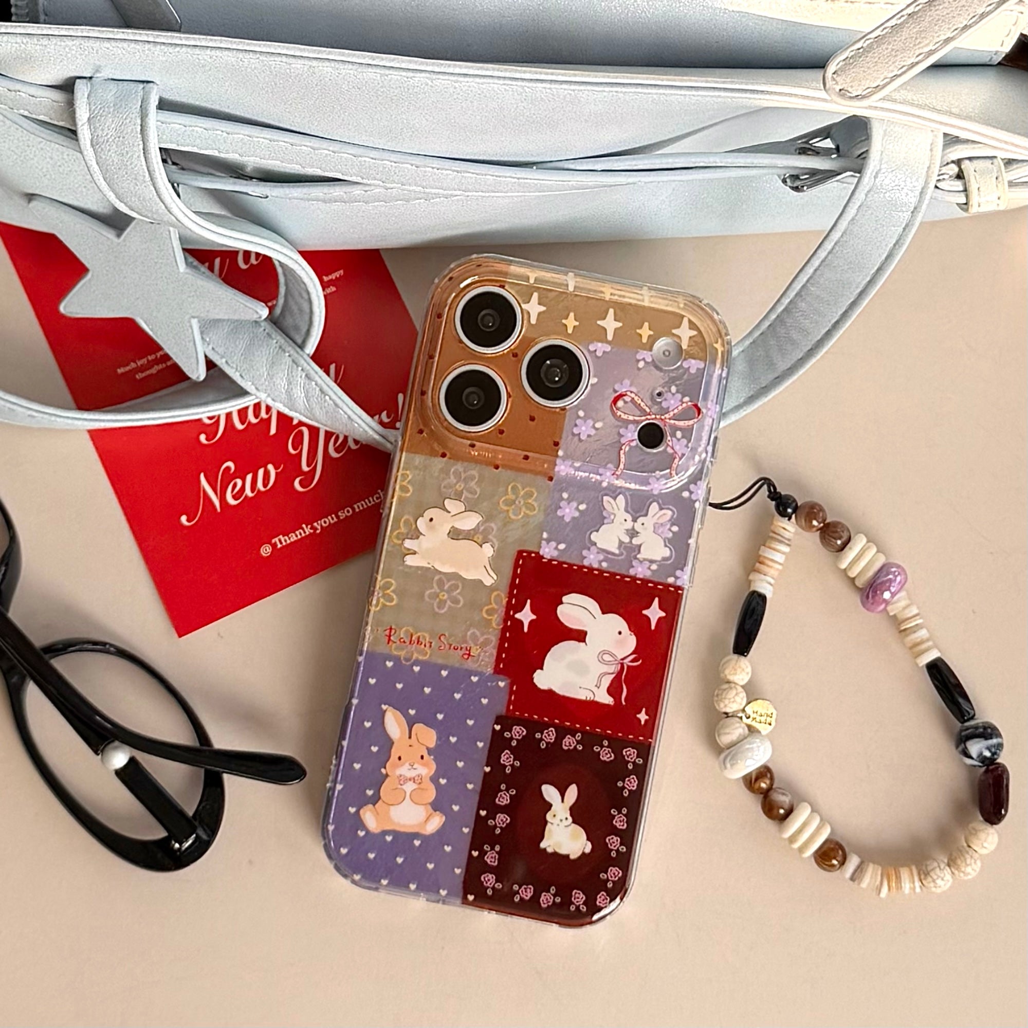 Aesthetic Red-Purple Floral Bunny Case: 360° Protective Series with Charm Wristlet Chain for iPhone 13-17 Series | Vibrant Patchwork Design