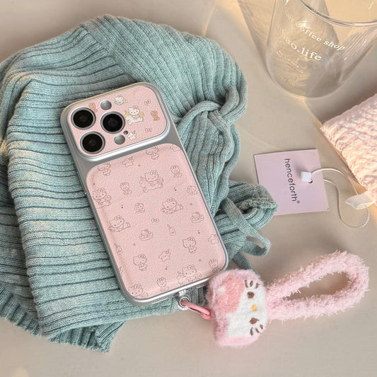 Aesthetic Pink Line Art Kitty Case: 360° Protective Series with Hands-Free Lanyard for iPhone 13-17 Series | Minimalist Soft Girl Design