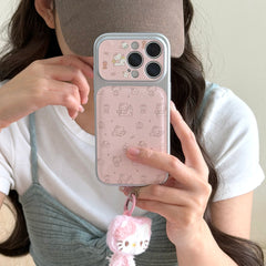 Aesthetic Pink Line Art Kitty Case: 360° Protective Series with Hands-Free Lanyard for iPhone 13-17 Series | Minimalist Soft Girl Design