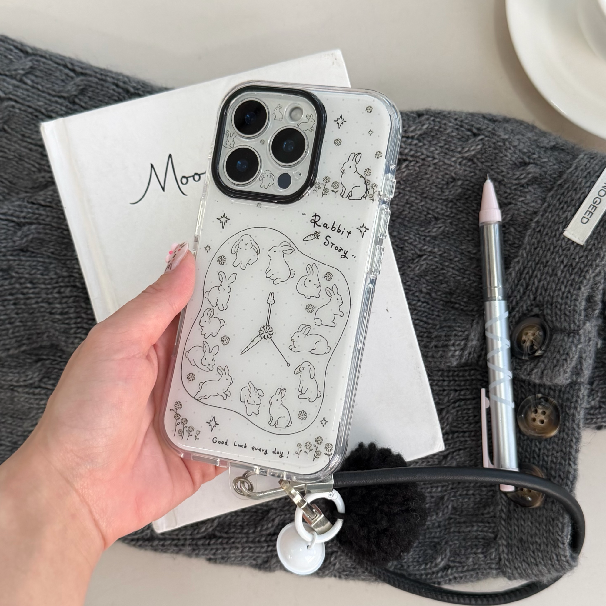 Aesthetic Bunny Clock Case: 360° Protective Series with Detachable Pom-Pom Lanyard for iPhone 13-17 Series | Quirky Line Art Design