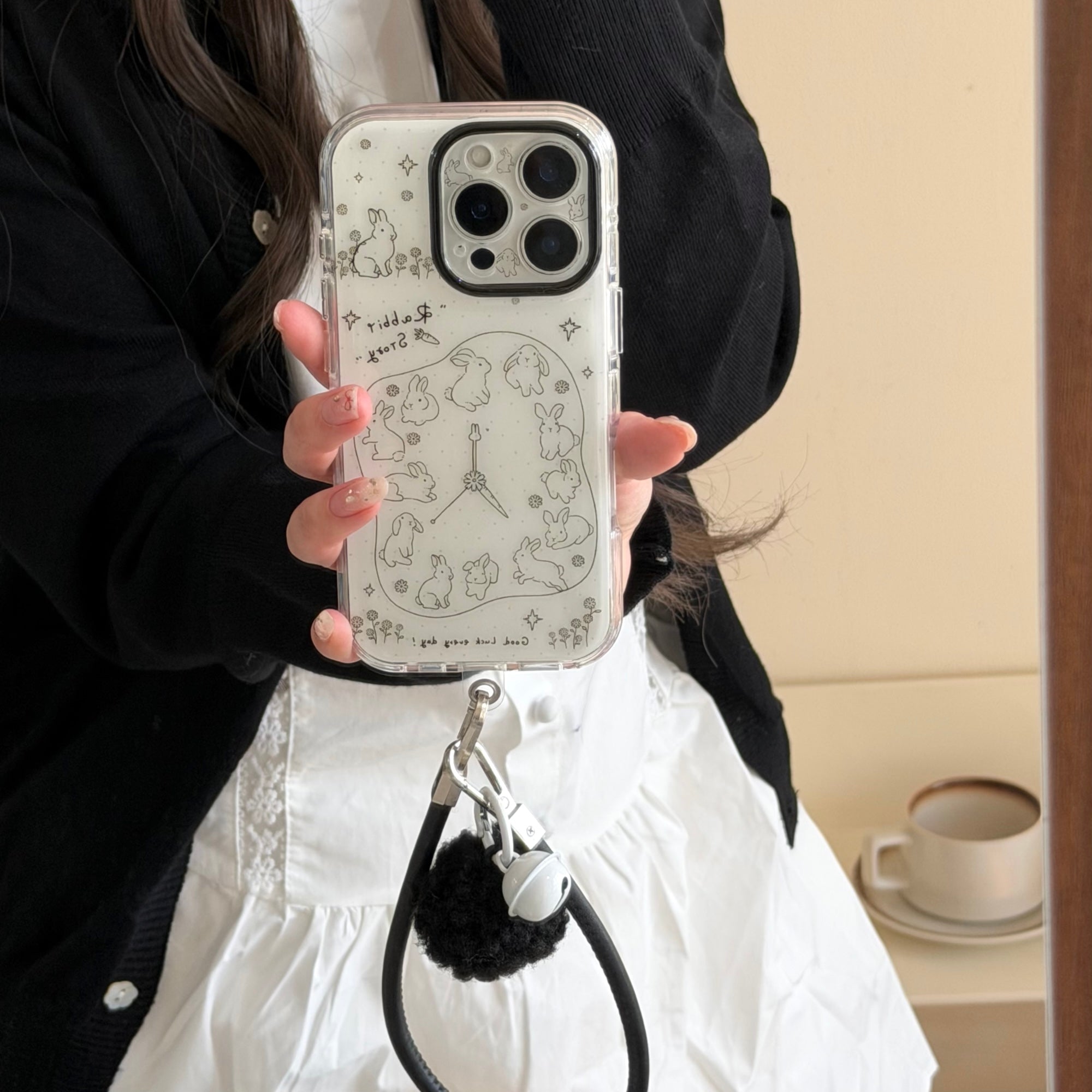 Aesthetic Bunny Clock Case: 360° Protective Series with Detachable Pom-Pom Lanyard for iPhone 13-17 Series | Quirky Line Art Design