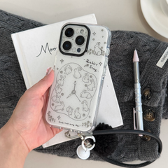 Aesthetic Bunny Clock Case: 360° Protective Series with Detachable Pom-Pom Lanyard for iPhone 13-17 Series | Quirky Line Art Design