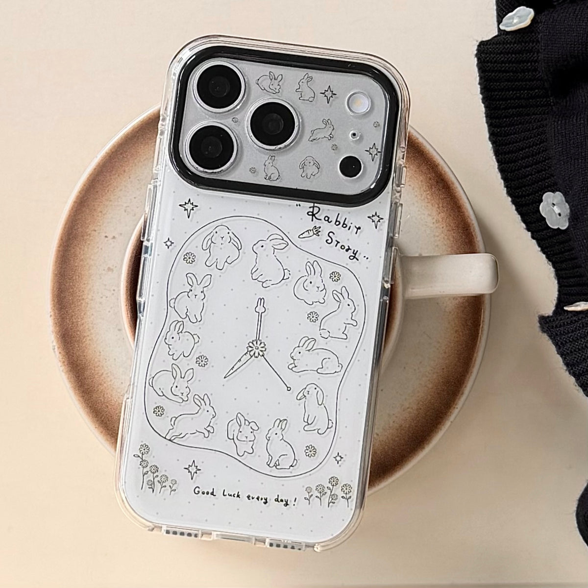 Aesthetic Bunny Clock Case: 360° Protective Series with Detachable Pom-Pom Lanyard for iPhone 13-17 Series | Quirky Line Art Design