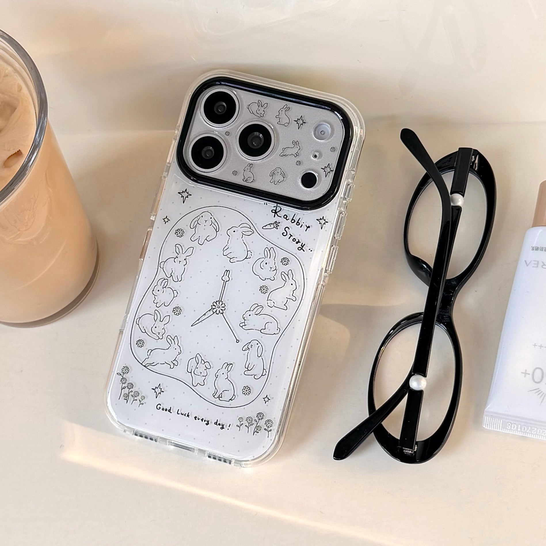 Aesthetic Bunny Clock Case: 360° Protective Series with Detachable Pom-Pom Lanyard for iPhone 13-17 Series | Quirky Line Art Design