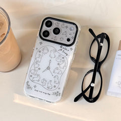 Aesthetic Bunny Clock Case: 360° Protective Series with Detachable Pom-Pom Lanyard for iPhone 13-17 Series | Quirky Line Art Design