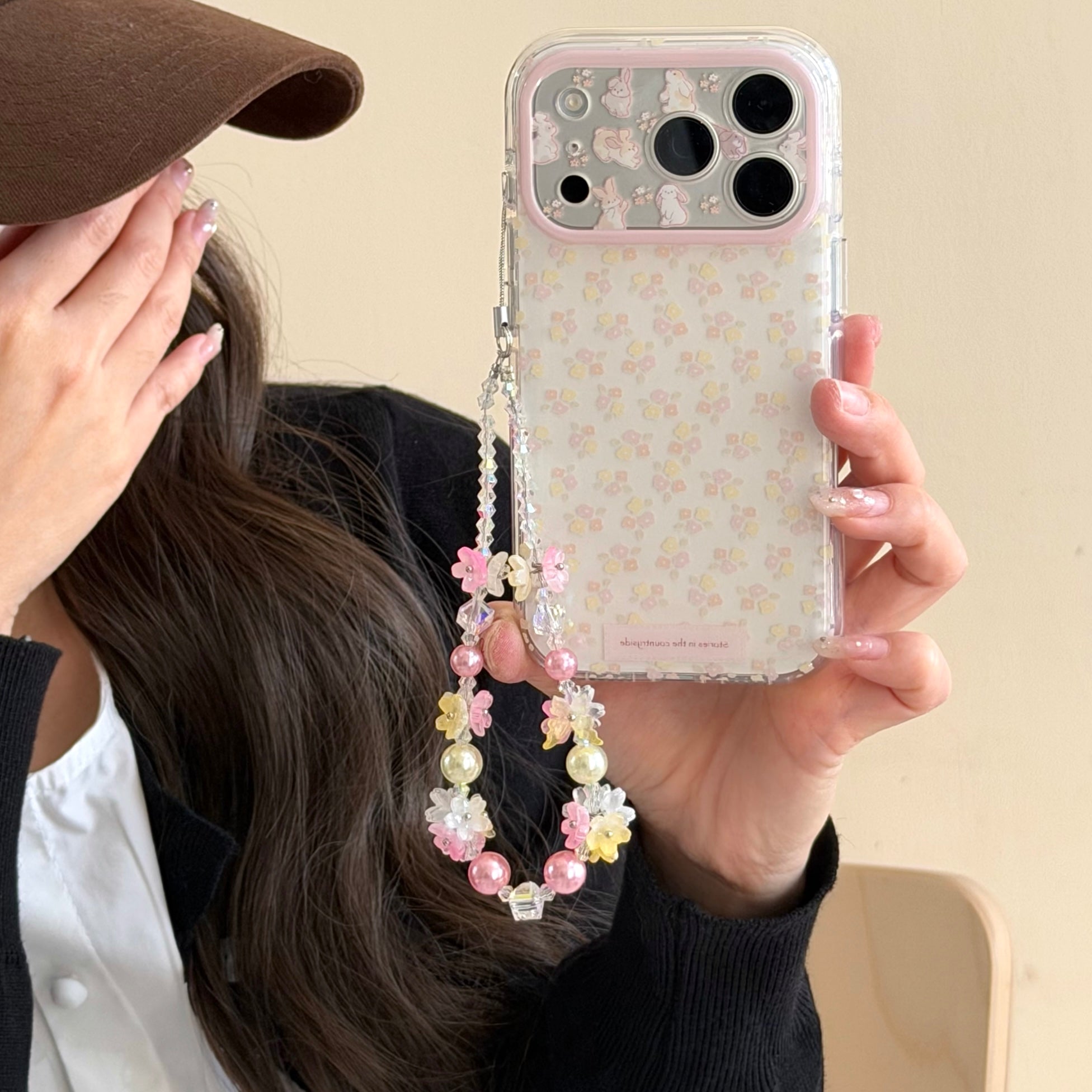 Aesthetic Floral Bunny Case: 360° Protective Shockproof Series with Pearl Bead Chain for iPhone 13-17 Series | Pink & Yellow Spring Design