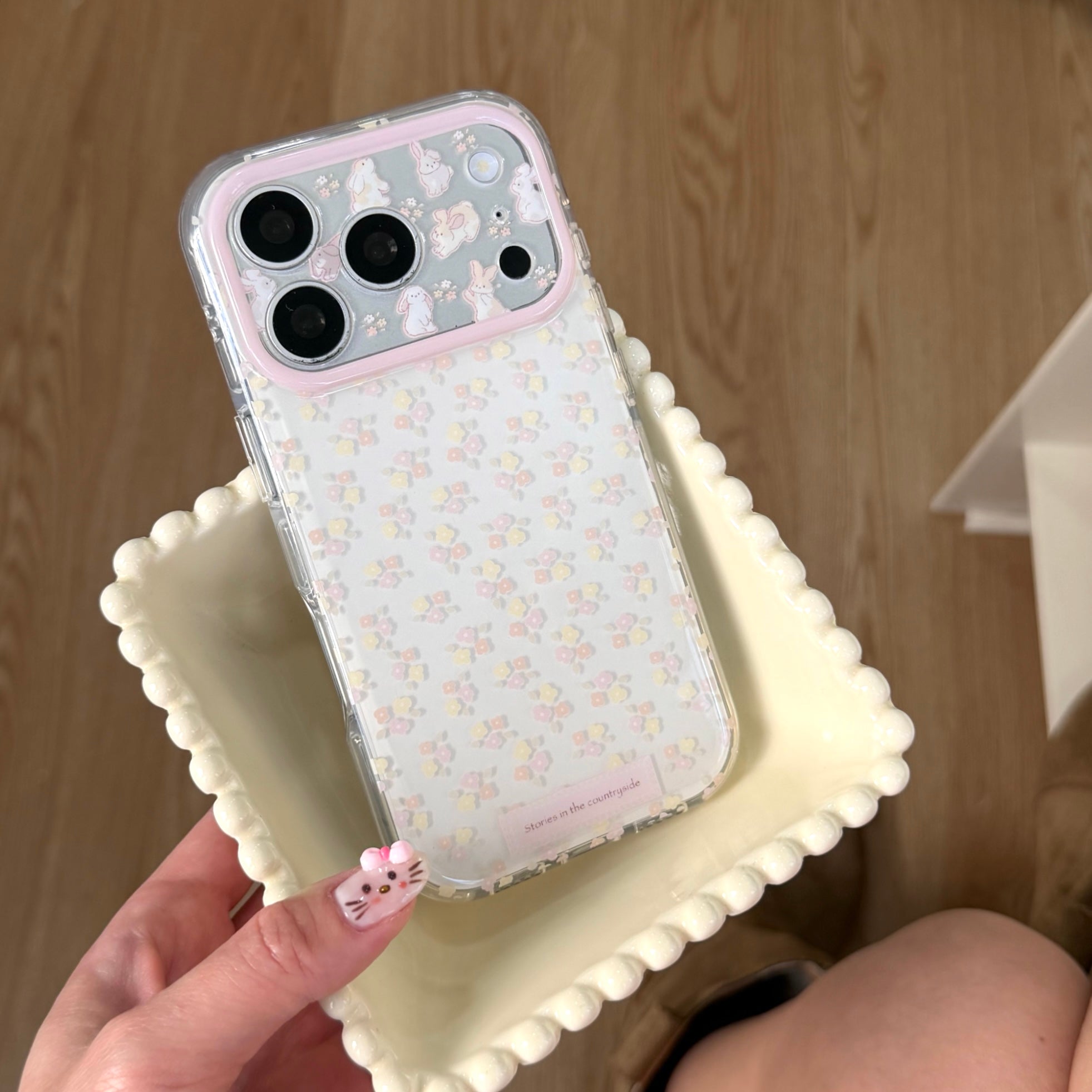 Aesthetic Floral Bunny Case: 360° Protective Shockproof Series with Pearl Bead Chain for iPhone 13-17 Series | Pink & Yellow Spring Design