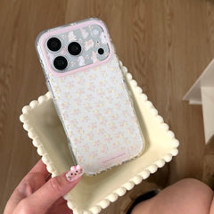 Aesthetic Floral Bunny Case: 360° Protective Shockproof Series with Pearl Bead Chain for iPhone 13-17 Series | Pink & Yellow Spring Design