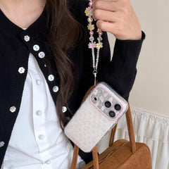 Aesthetic Floral Bunny Case: 360° Protective Shockproof Series with Pearl Bead Chain for iPhone 13-17 Series | Pink & Yellow Spring Design