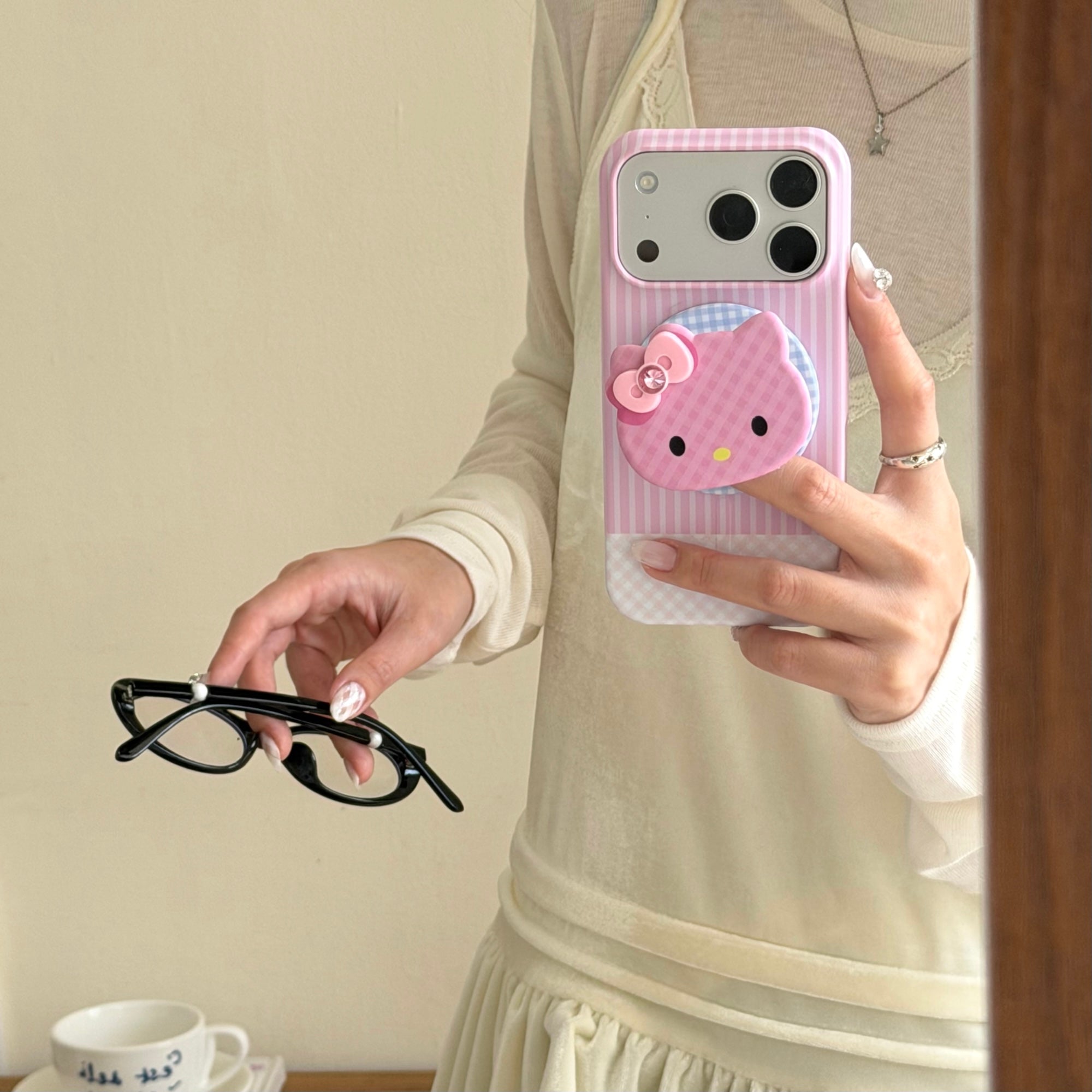 Aesthetic Striped Kitty Case: 360° Protective Shockproof Series with Matching Grip Stand for iPhone 13-17 Series