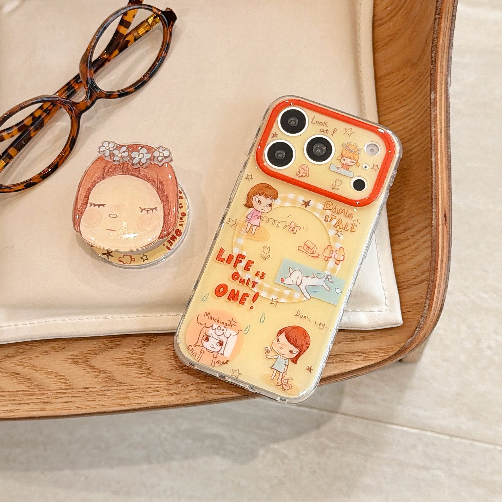 Yoshitomo Nara Inspired "Spring Day" Case | Aesthetic 3D Flower Grip Stand for iPhone 17 16 15 14 13 Pro Max | Artistic Designer Shell