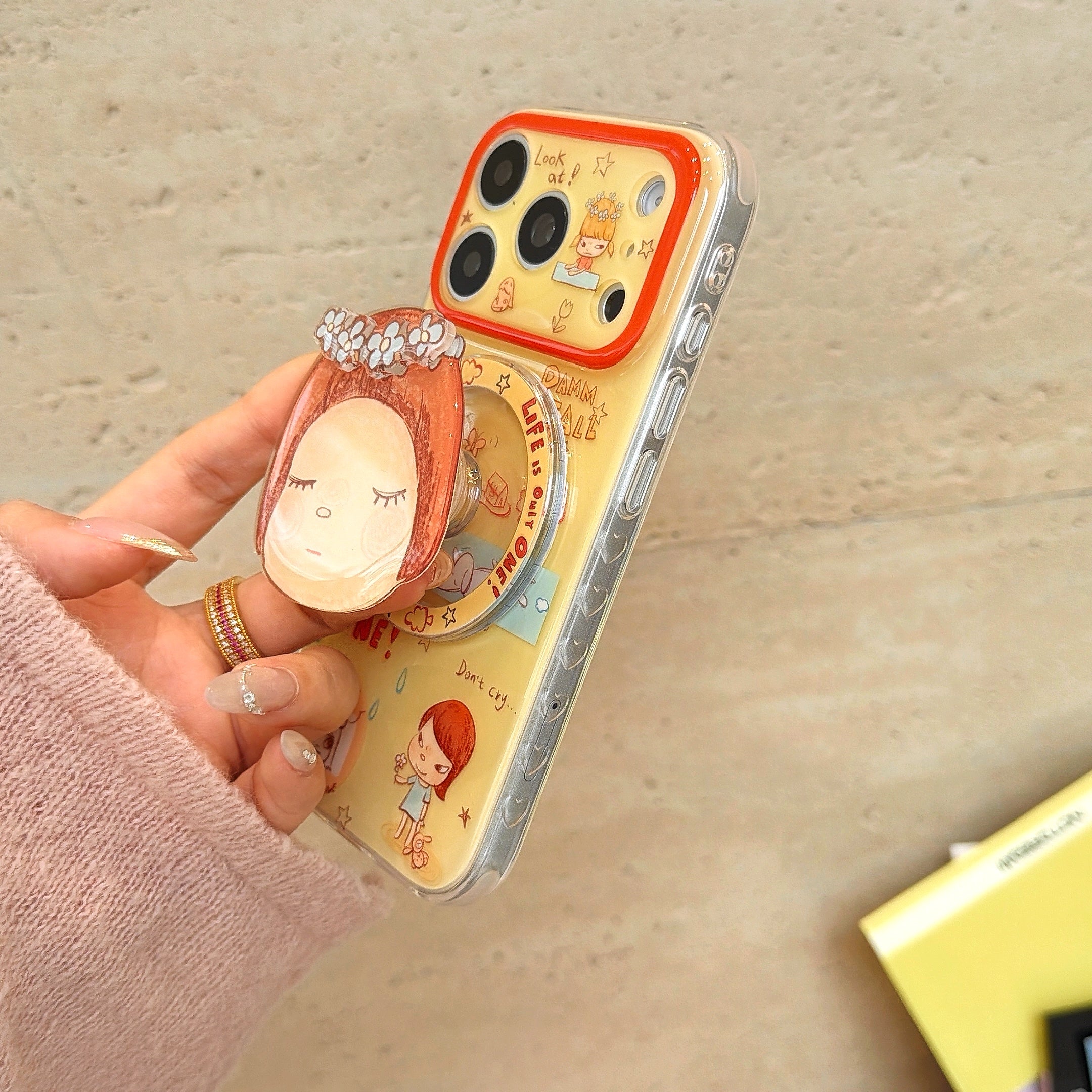 Yoshitomo Nara Inspired "Spring Day" Case | Aesthetic 3D Flower Grip Stand for iPhone 17 16 15 14 13 Pro Max | Artistic Designer Shell