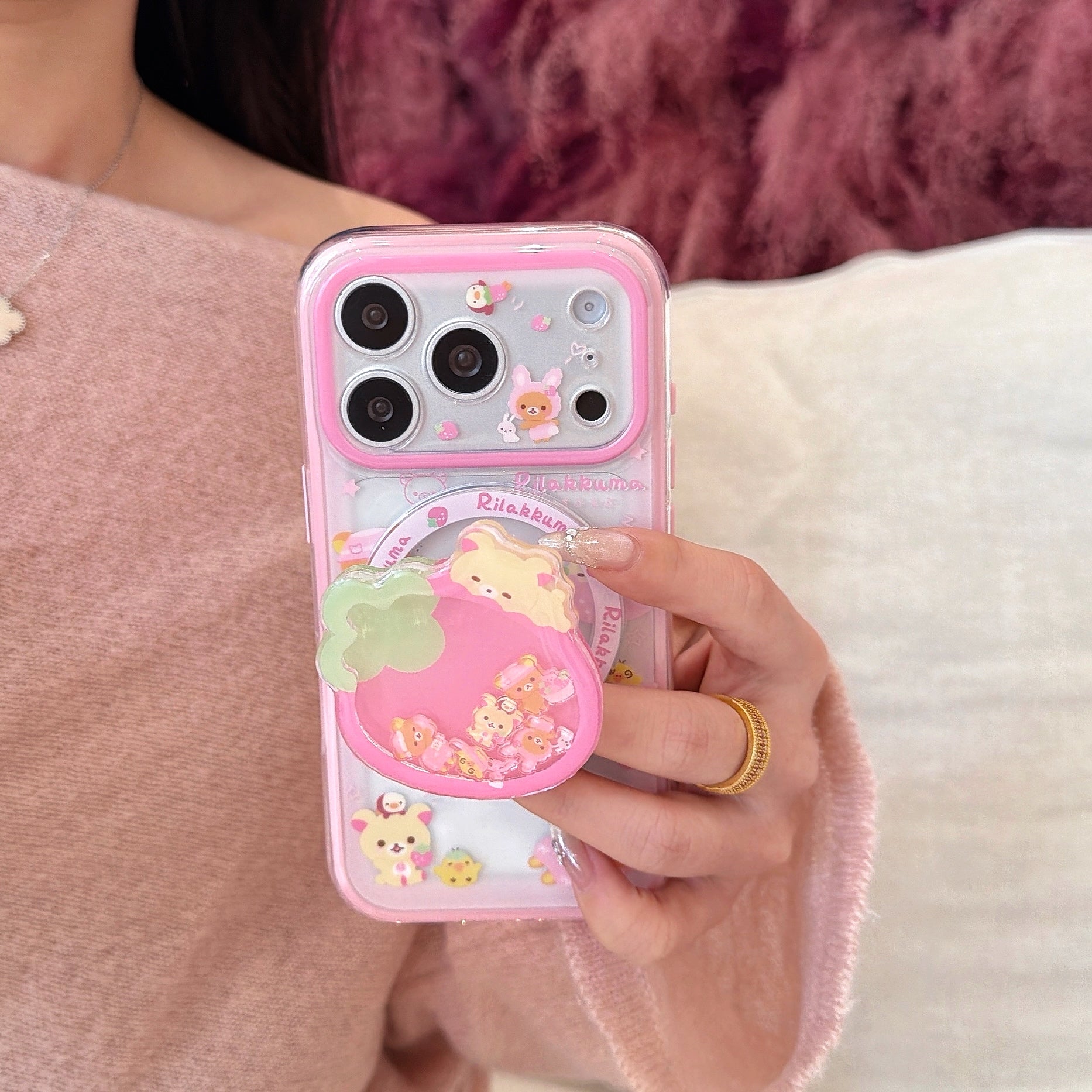 Kawaii Rilakkuma MagSafe 2-in-1 Case | Strawberry Shaker Charm & Bumper Protection for iPhone 17 16 15 14 13 Pro Max