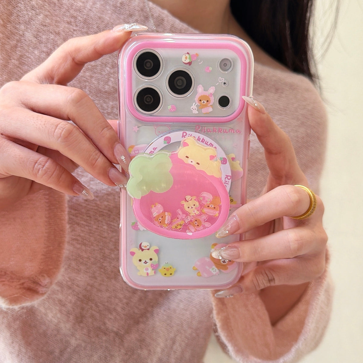 Kawaii Rilakkuma MagSafe 2-in-1 Case | Strawberry Shaker Charm & Bumper Protection for iPhone 17 16 15 14 13 Pro Max