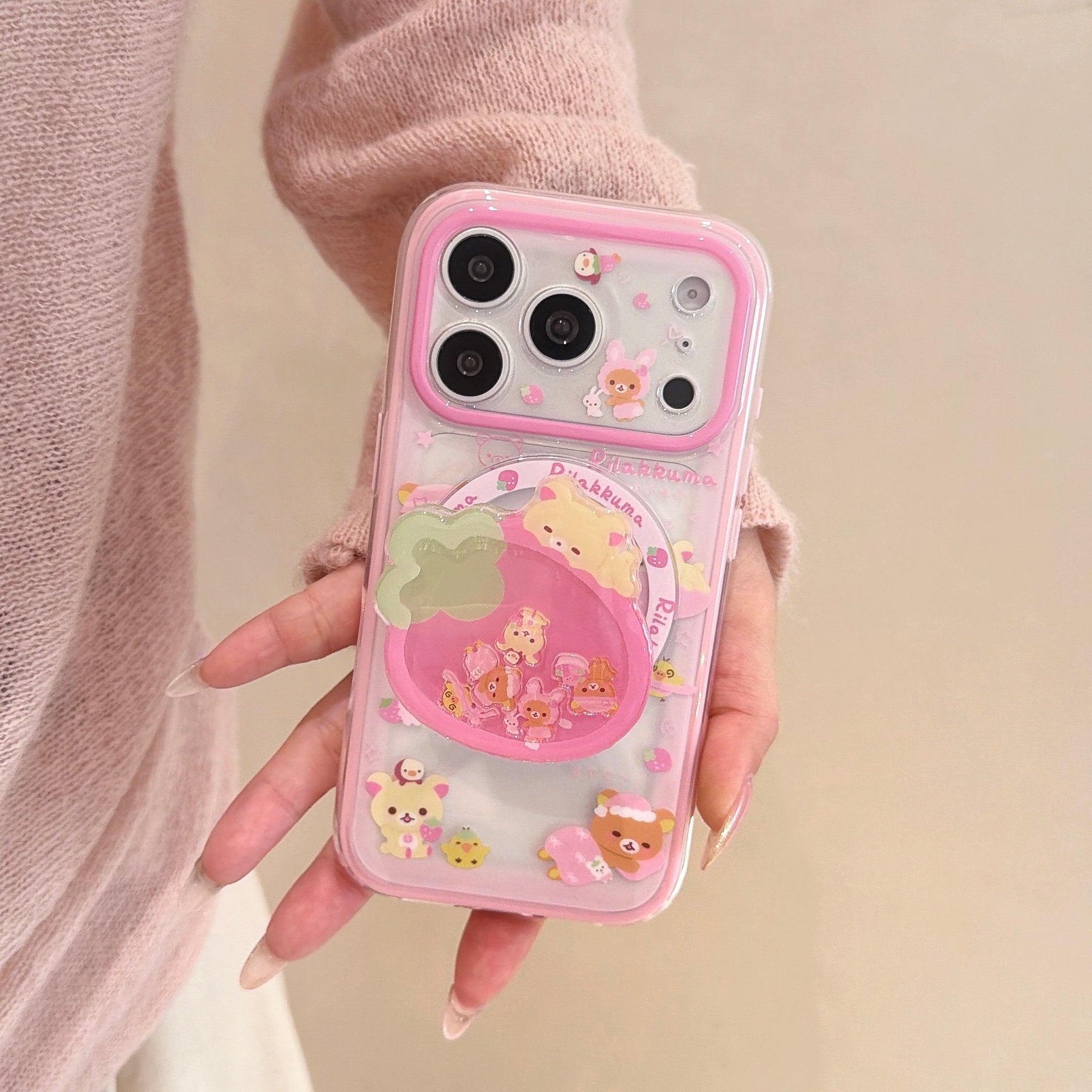 Kawaii Rilakkuma MagSafe 2-in-1 Case | Strawberry Shaker Charm & Bumper Protection for iPhone 17 16 15 14 13 Pro Max