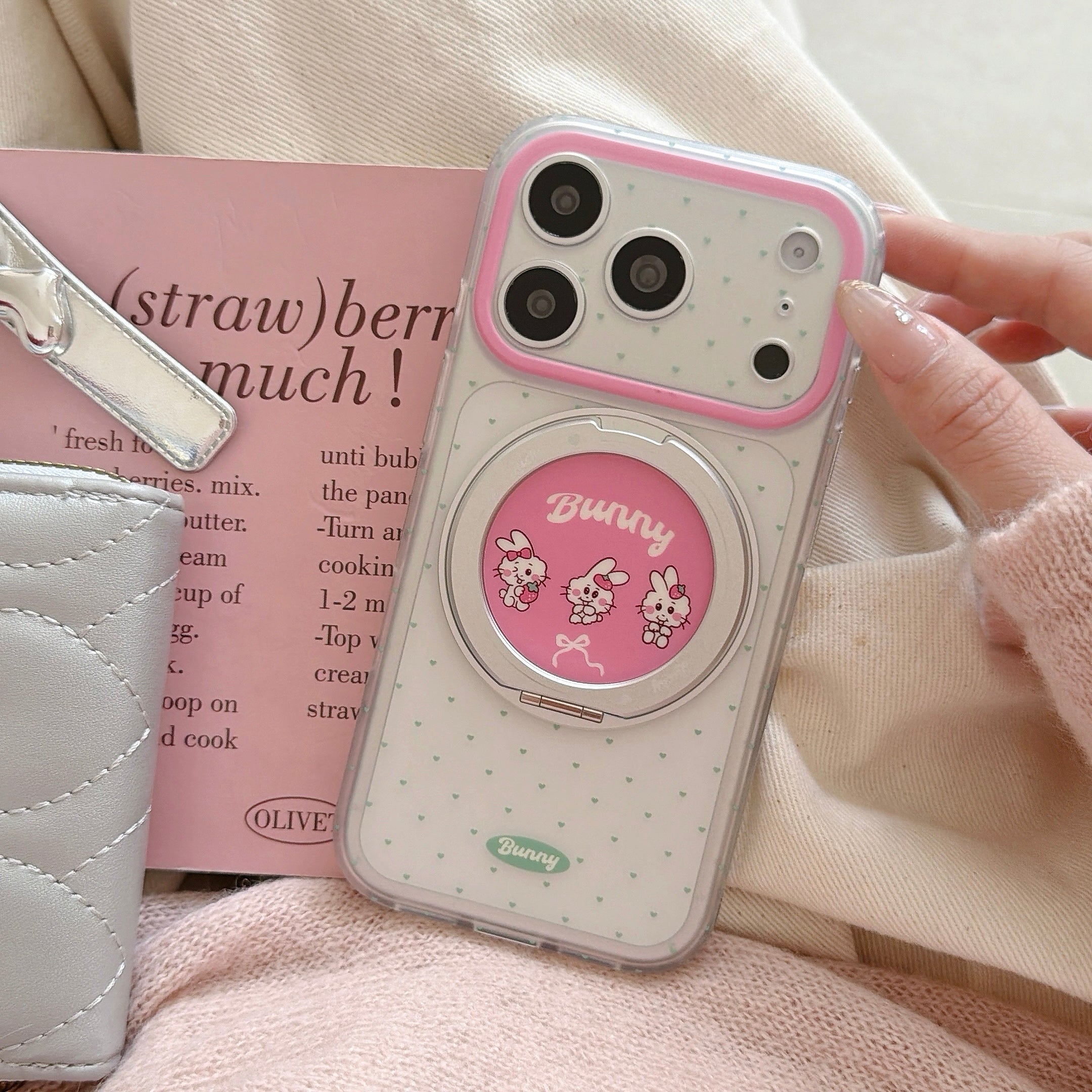 "Spin & Stand" Polka Dot Rabbit Case - 360 Degree Swivel Ring Holder for iPhone 17/16/15 Pro Max | Chic Functional Tech Accessory
