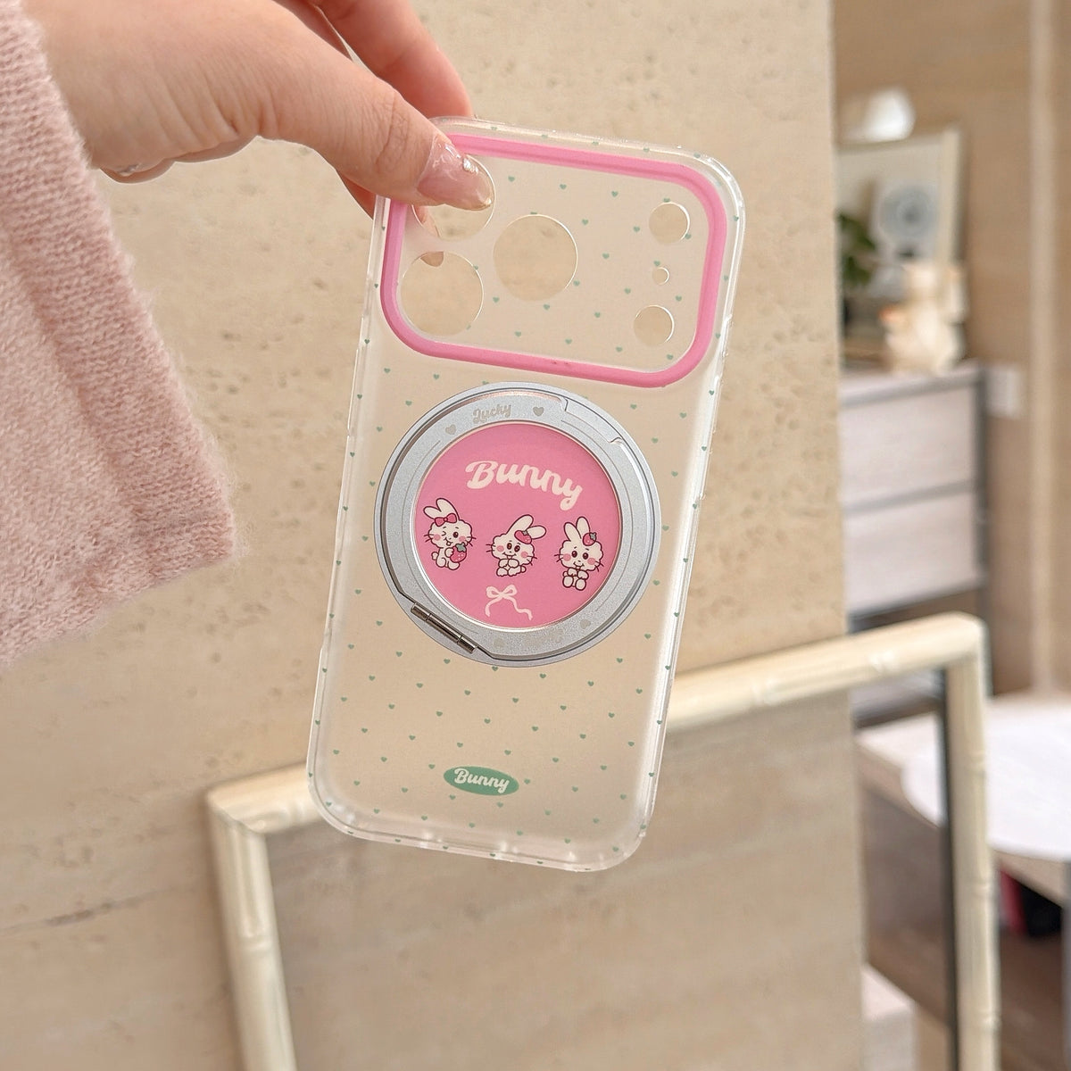 "Spin & Stand" Polka Dot Rabbit Case - 360 Degree Swivel Ring Holder for iPhone 17/16/15 Pro Max | Chic Functional Tech Accessory