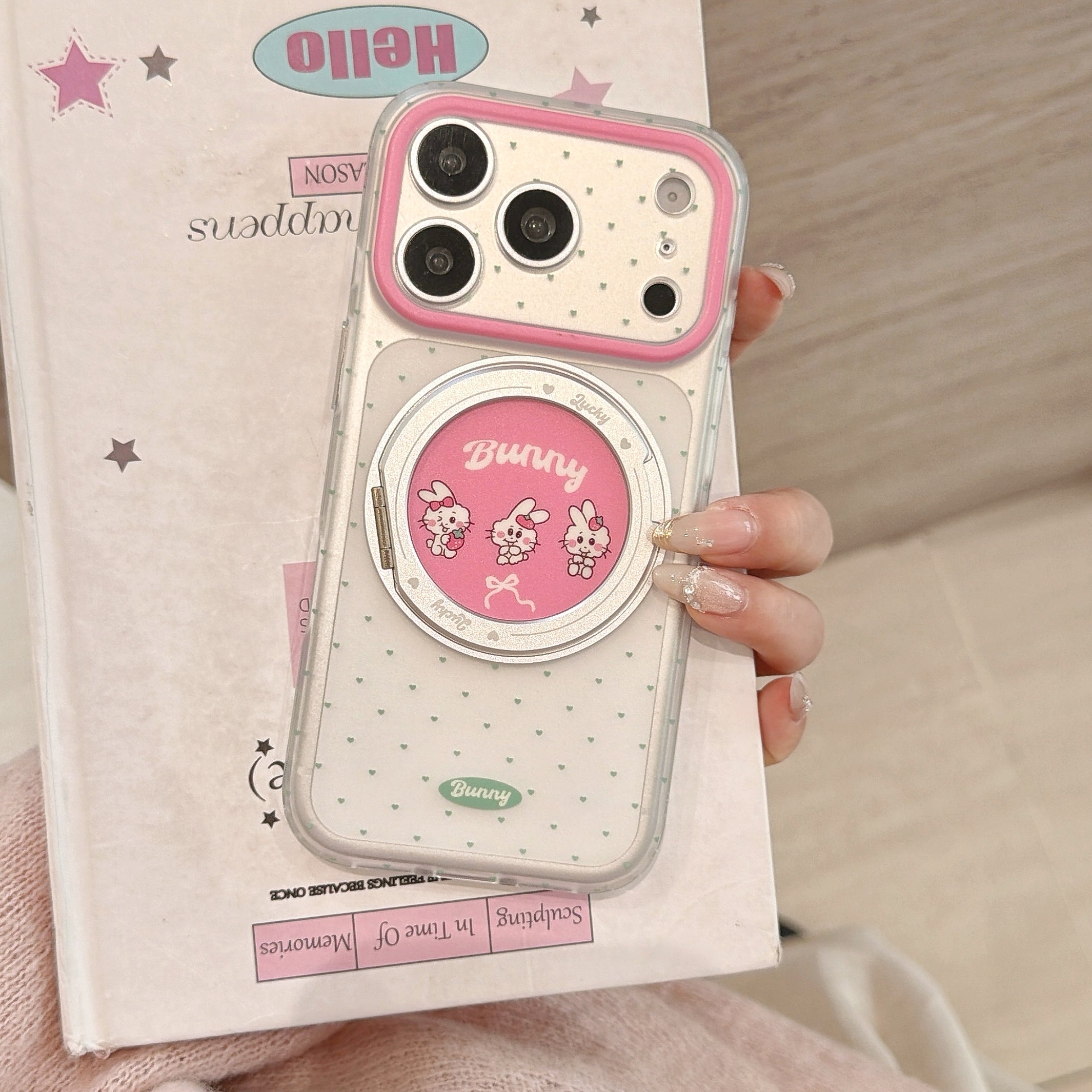 "Spin & Stand" Polka Dot Rabbit Case - 360 Degree Swivel Ring Holder for iPhone 17/16/15 Pro Max | Chic Functional Tech Accessory