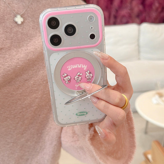 "Spin & Stand" Polka Dot Rabbit Case - 360 Degree Swivel Ring Holder for iPhone 17/16/15 Pro Max | Chic Functional Tech Accessory