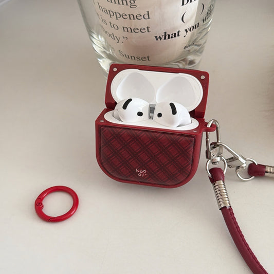 Red diamond-patterned magnetic leather AirPods earphone case