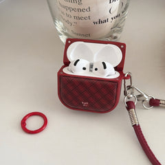 Red diamond-patterned magnetic leather AirPods earphone case