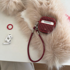 Red diamond-patterned magnetic leather AirPods earphone case