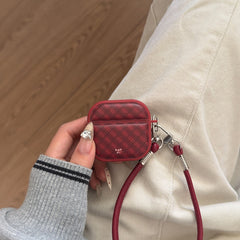Red diamond-patterned magnetic leather AirPods earphone case
