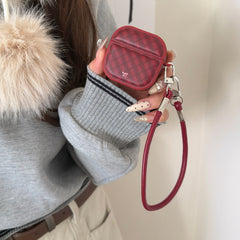 Red diamond-patterned magnetic leather AirPods earphone case