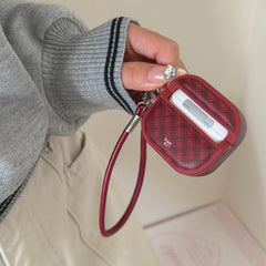 Red diamond-patterned magnetic leather AirPods earphone case