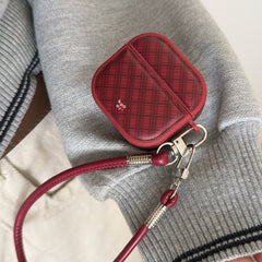 Red diamond-patterned magnetic leather AirPods earphone case