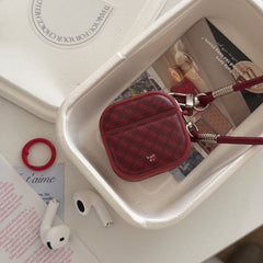 Red diamond-patterned magnetic leather AirPods earphone case