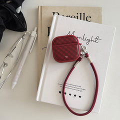 Red diamond-patterned magnetic leather AirPods earphone case